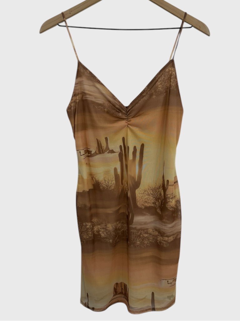 Caution To The Wind Tan Desert Mesh Boho Mini Dress Size Large